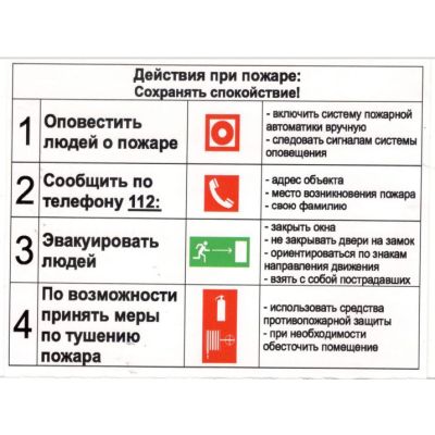 Действия при пожаре: Сохранять спокойствие. Наклейка 150х200